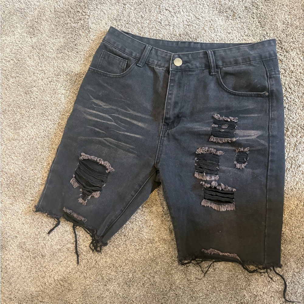 Distressed Black Denim Shorts